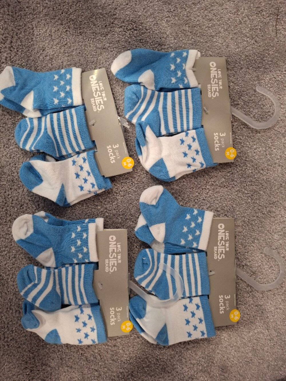 12 pairs of blue jersey crew socks, Gerber's, 0-6 months, NWT, stars and stripes
